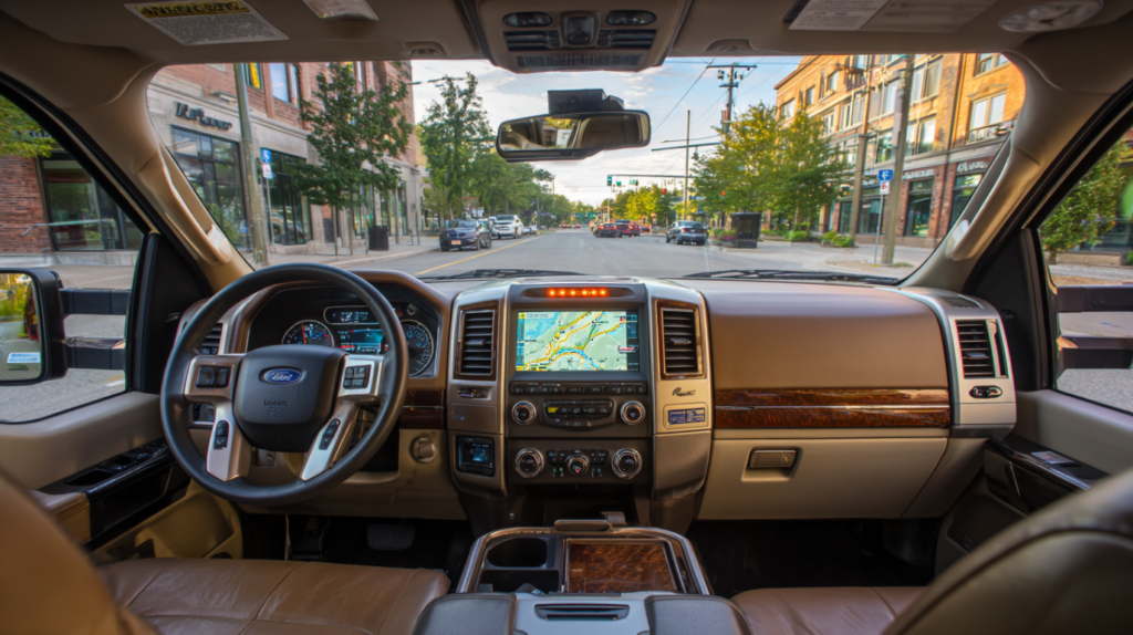 Interior of used pickup truck with navigation system and blind spot monitor