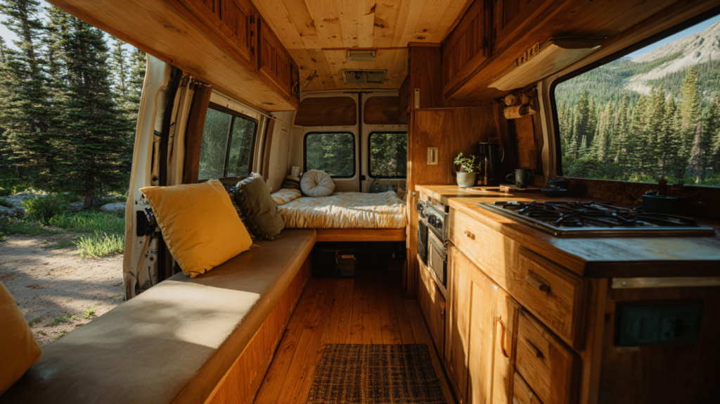 Interior of a used camper van with kitchen and sleeping area.