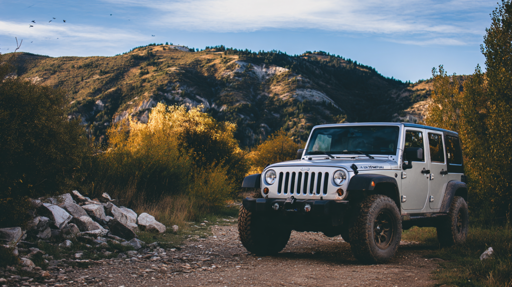 Jeep SUV positioned on an off-road trail in a natural setting.