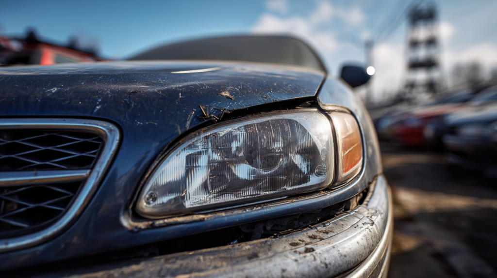 A lightly damaged sedan parked in a salvage auction lot.