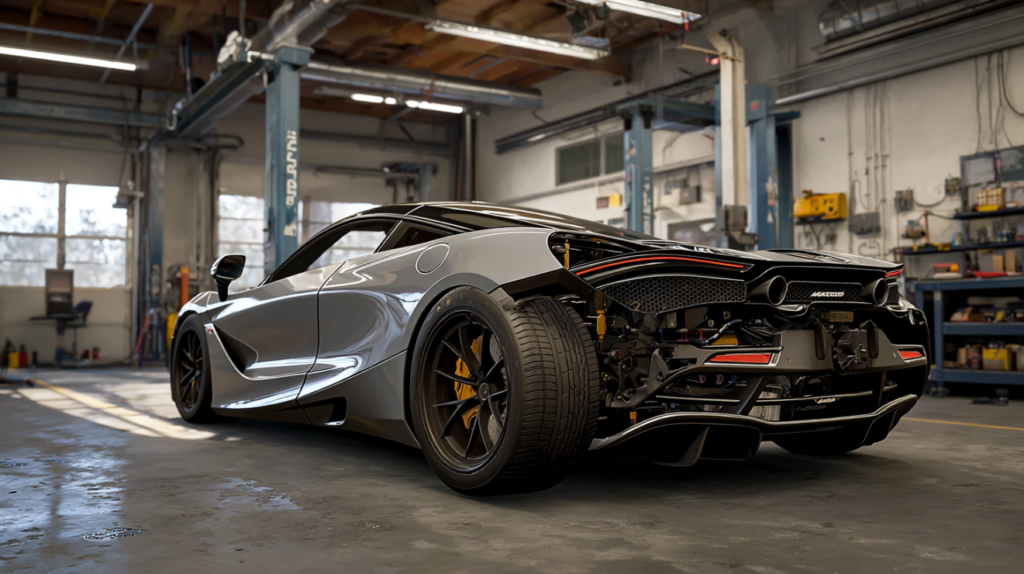 Photorealistic workshop photo of a grey McLaren 720S with its rear section exposed during restoration.