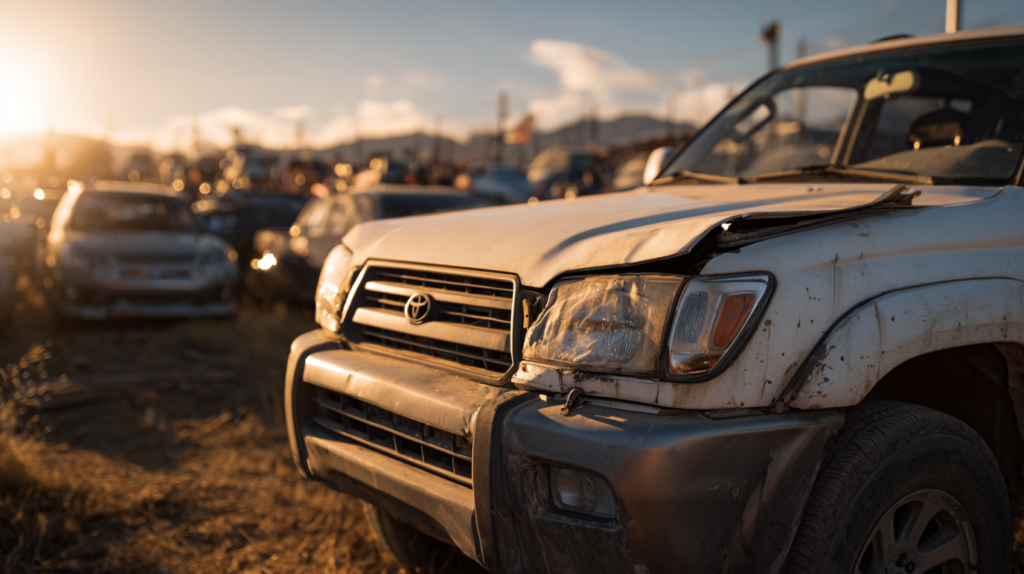 A salvage SUV with moderate front-end damage among other auction cars.