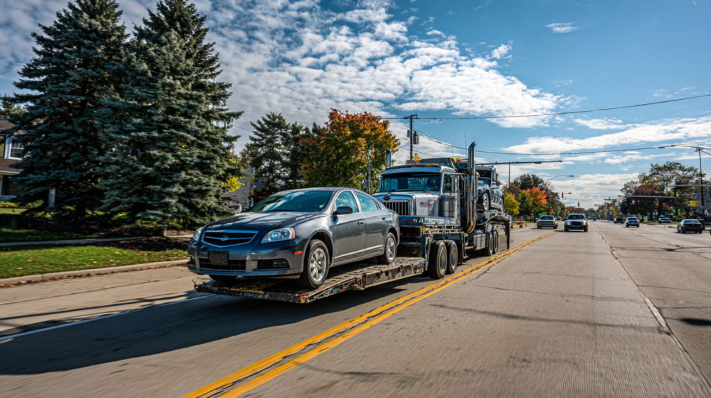 Vehicle being transported on a flatbed truck in Illinois after purchase from an auto auction.