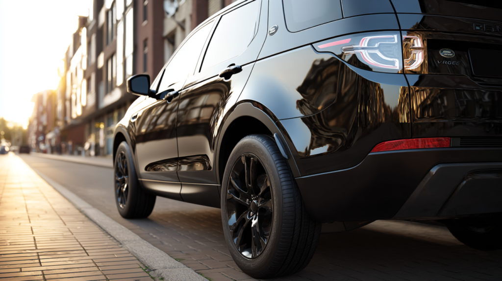 Rear view of a modern SUV highlighting body parts and rear wheel design.
