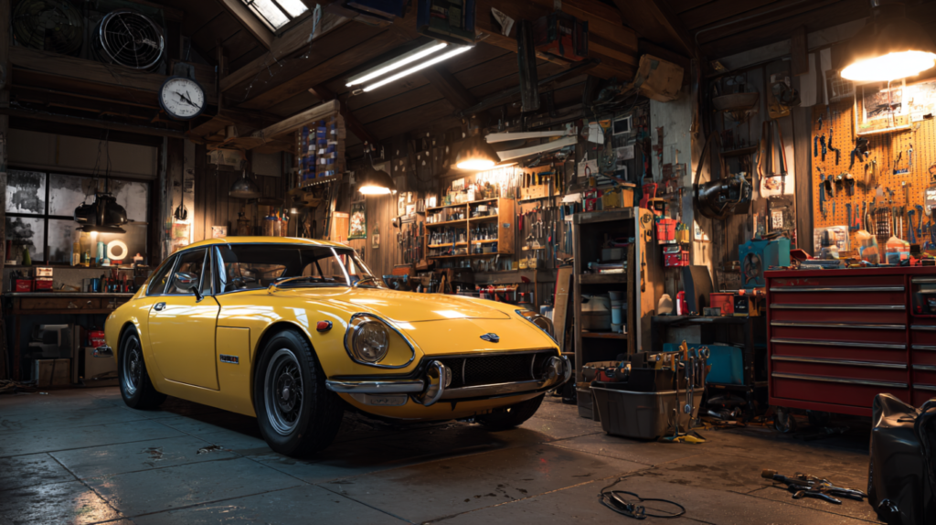 Restored classic car in a well-lit workshop with organized tools, symbolizing a completed rebuild after salvage repair.