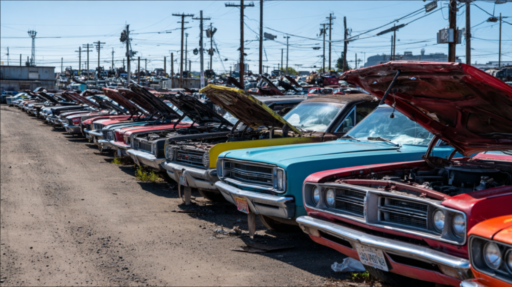 Cars lined up in a salvage yard with engines and transmissions visible