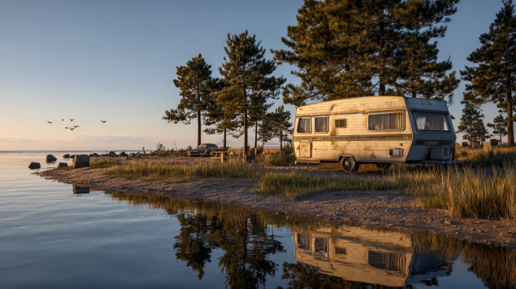 Salvage camper trailer parked near a lake in a natural setting.