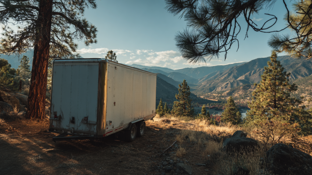 Salvage enclosed trailer in a scenic mountain landscape.