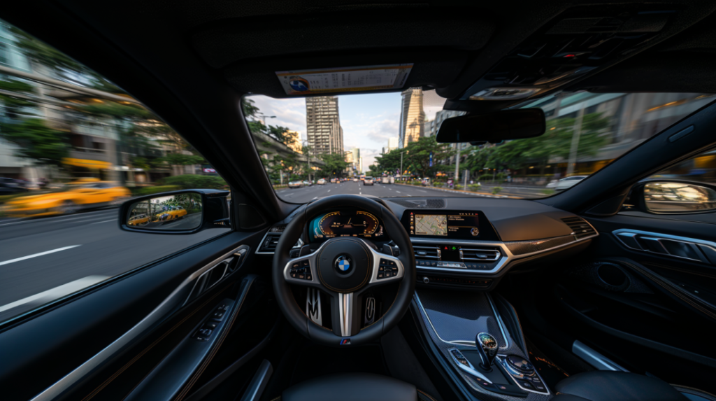 The dashboard used BMW M3 on a modern city road, showing a premium interior and sporty steering wheel.