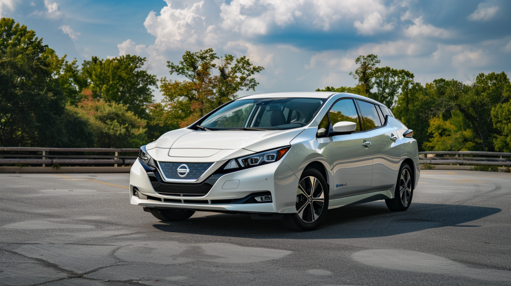 White Nissan Leaf on a parking lot.