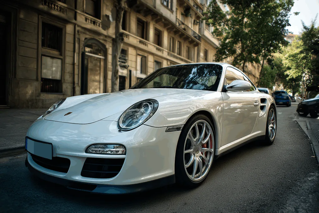 White Porsche 911 parked in an old town.