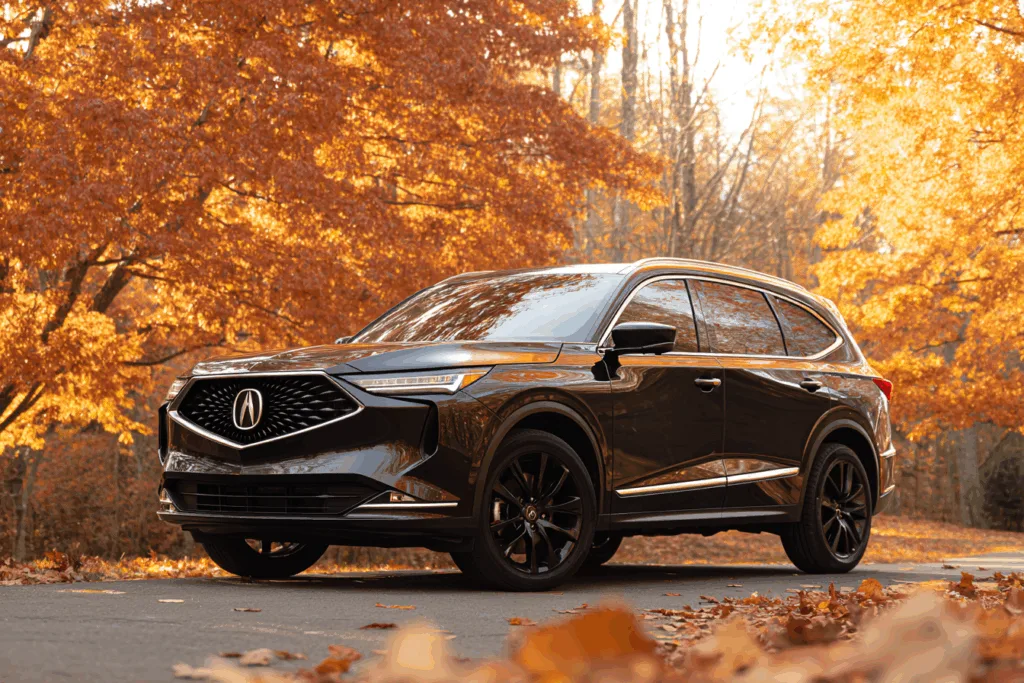 Acura MDX surrounded by an autumn landscape.