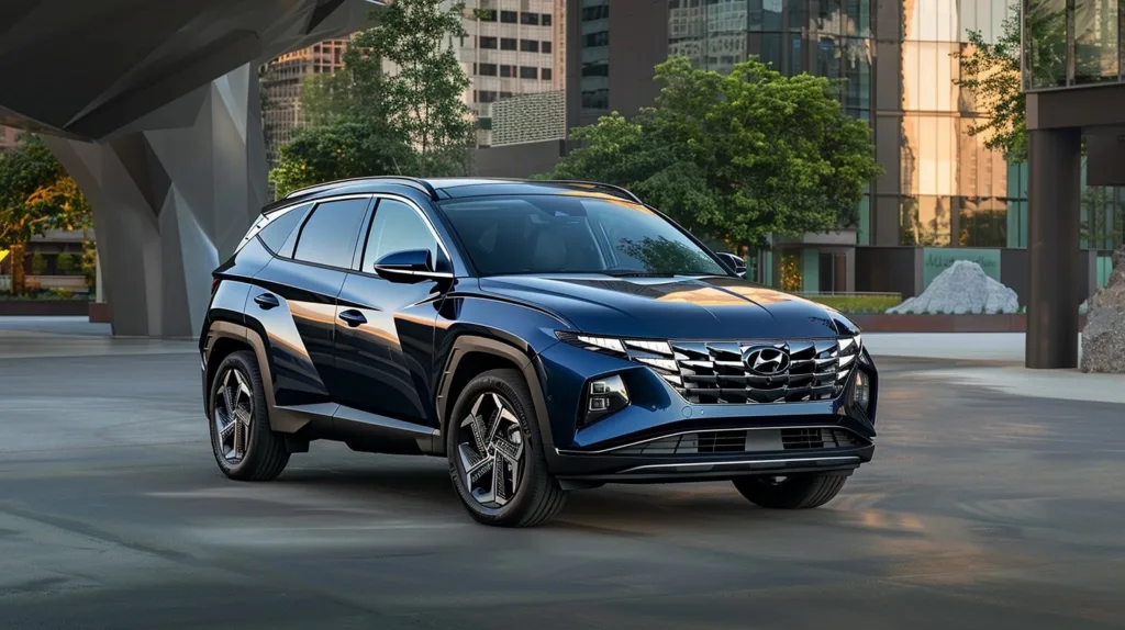 Dark blue Hyundai Tucson compact SUV parked in modern city plaza.