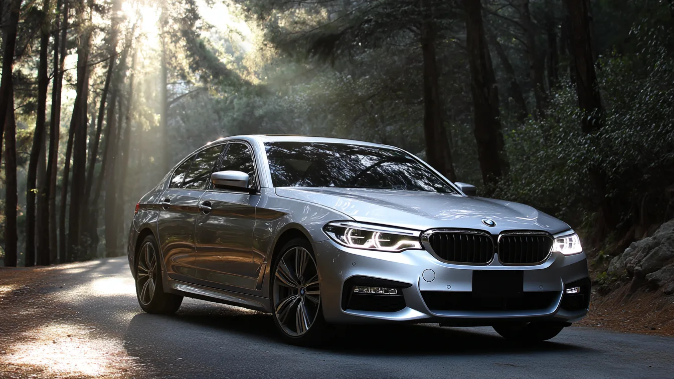 BMW 5 Series driving on a calm, wooded road.