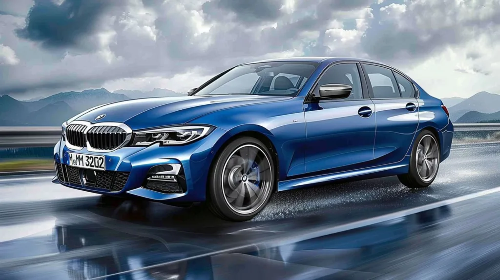 Blue BMW 3 Series driving on a wet highway in the mountains.