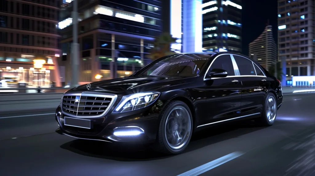 Black Mercedes-Benz S-Class driving on a city road at night.