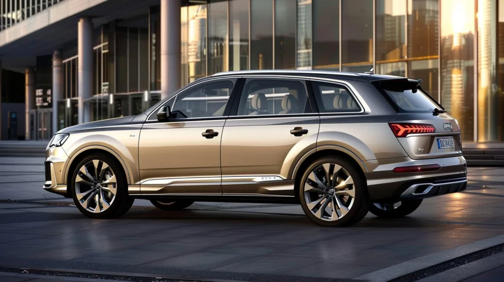 Golden Audi Q7 parked near a residential block.