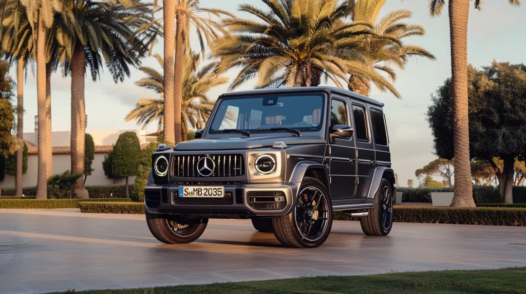 Silver Mercedes-Benz G-Class surrounded by palms.