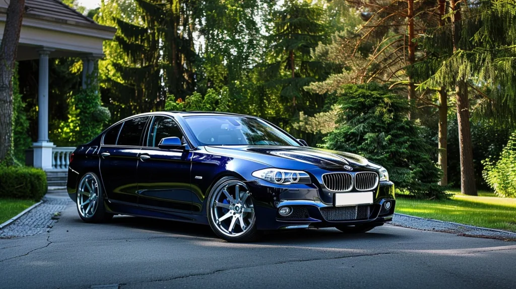 Dark blue BMW 5 Series parked in the wooded terrain.