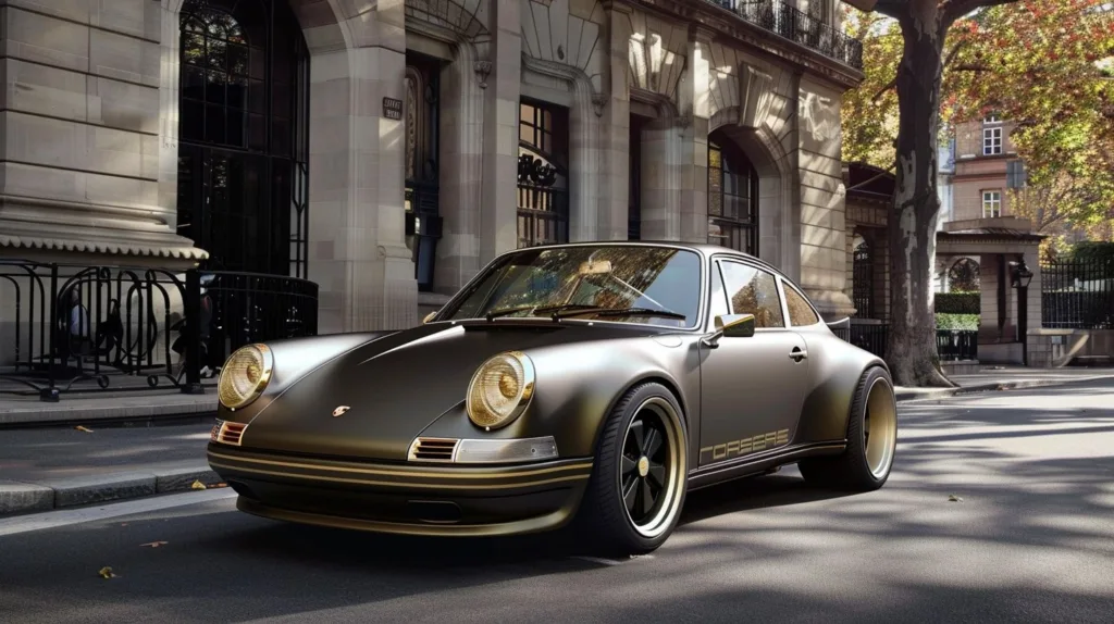 Matt Porsche 911 parked in the old town.