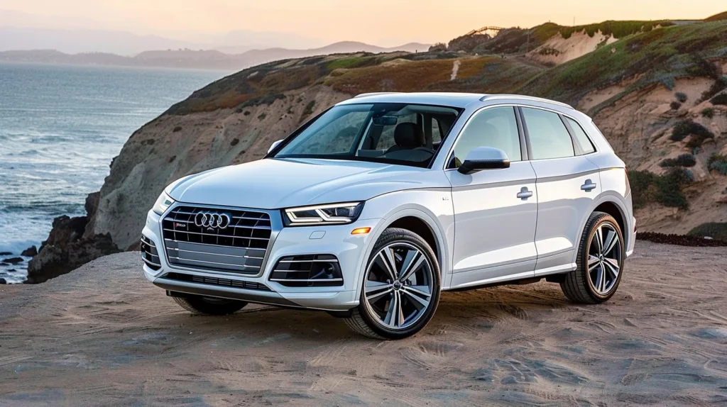 White Audi Q5 SUV parked on rocky terrain, surrounded by the sea.