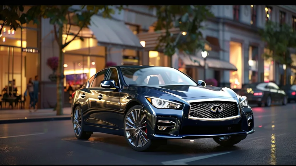 Dark blue Infiniti Q50 on the road in the busy city.