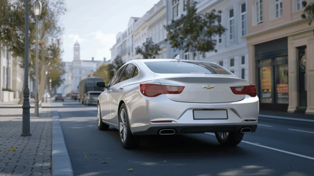 White Chevrolet Malibu in an urban landscape.