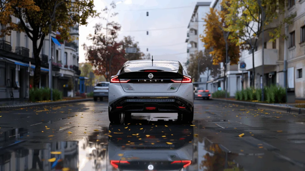 White Nissan Leaf in an urban landscape.