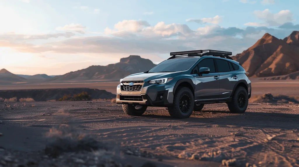 Gray Subaru Crosstrek in a desert landscape.
