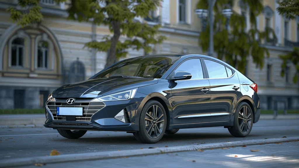 Hyundai Elantra driving through the old town.