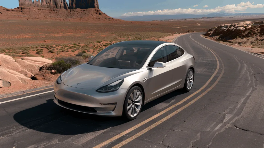 Silver Tesla Model 3 driving through the rocky terrain.