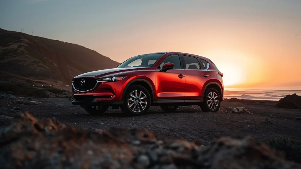 Red Mazda CX-5 SUV on coastal landscape at sunset