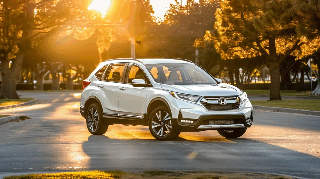 White Honda CR-V compact SUV on park road at golden hour