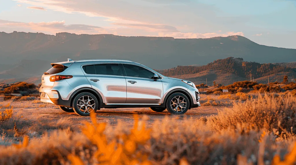 Silver Kia Sportage SUV in mountain landscape