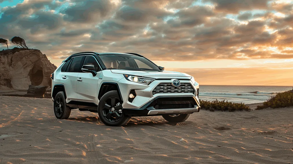 White Toyota RAV4 SUV on coastal road