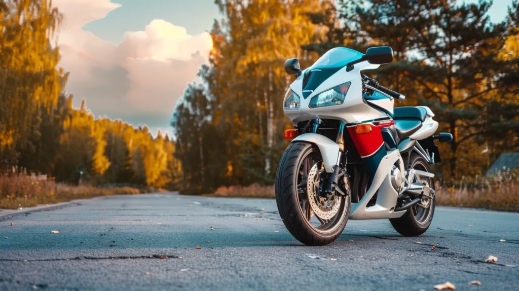 White and red Honda sportbike on a paved country road