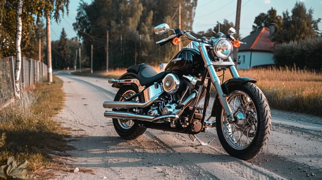 Harley-Davidson Softail with chrome details on a rural road