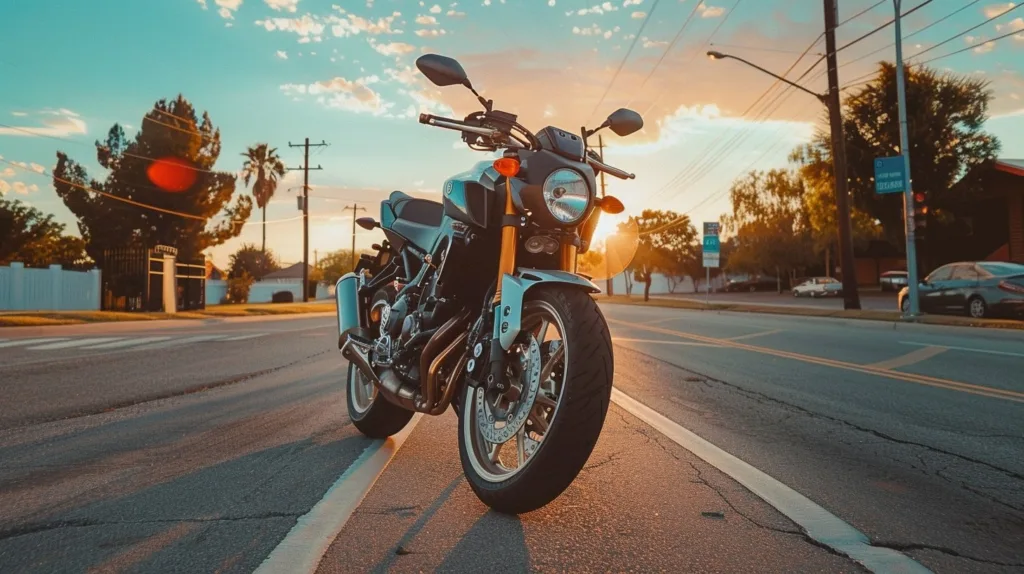 Grey Yamaha motorcycle parked on a city street at sunset