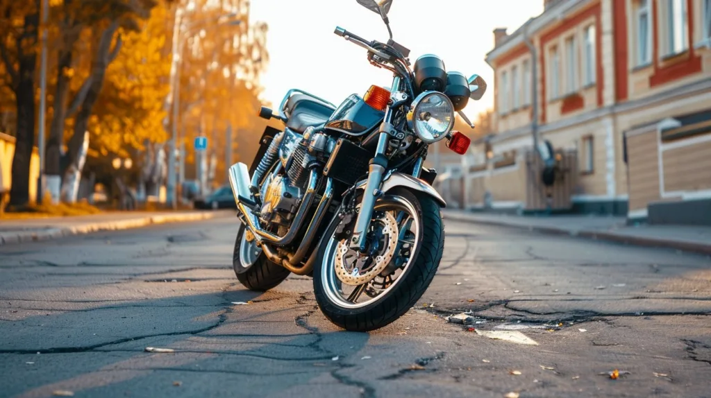 Classic Suzuki naked bike parked on a sunlit city street