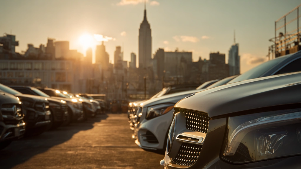 A clean, sunlit car lot with neatly parked vehicles and a soft, distant view of the Manhattan skyline.