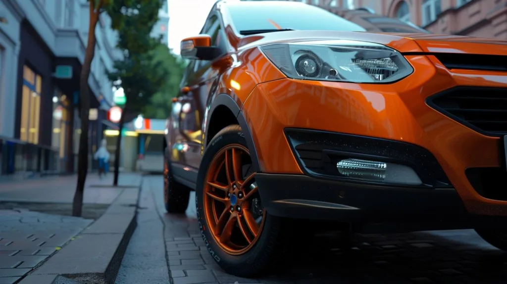 Orange Ford Escape SUV on a city street.